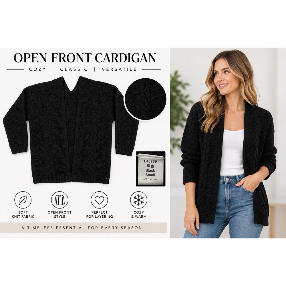 Women’s S Black Open Front Cardigan Textured Cable Knit Cozy Minimalist